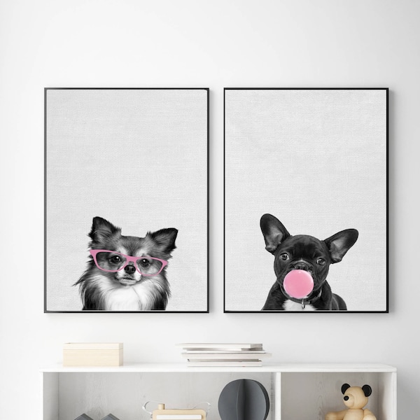 Dogs Print, Pug Wall Art, Set of 2, Nursery Decor, Puppy Photography, Bubble Gum Poster, Pink Decor, Chihuahua Print, French Bulldog Poster