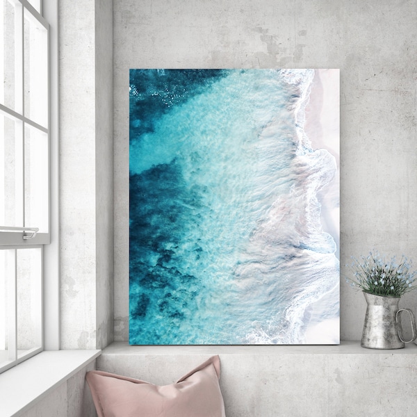 ocean print, waves printable art, abstract wall art, aerial beach photography, sea poster, digital download, blue coastal print, beach house