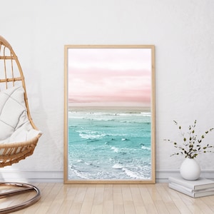 Ocean Poster, Pink Sunset Print, Surfers Wall Art, Pink Sky Art Print, Sea Waves Art, Pink Teal Colors Decor, Digital Art, Beach Print