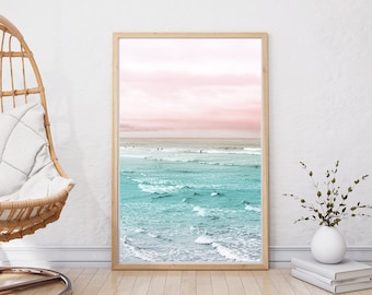 Ocean Poster, Pink Sunset Print, Surfers Wall Art, Pink Sky Art Print, Sea Waves Art, Pink Teal Colors Decor, Digital Art, Beach Print