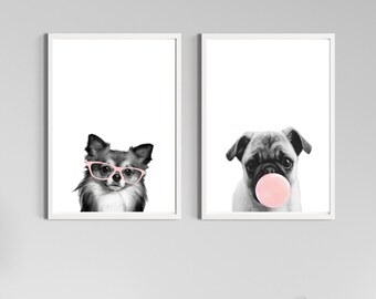 Pug Bubble Gum & Chihuahua Print Set, Nursery Decor (Digital Download)