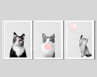 cats prints, nursery wall art, set of 3 kitties, blush pink prints, cat posters, kitties art, bubble gum print, baby girls bedroom, digital