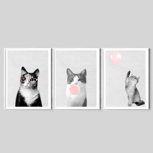 cats prints, nursery wall art, set of 3 kitties, blush pink prints, cat posters, kitties art, bubble gum print, baby girls bedroom, digital