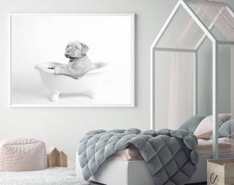 hond print, bulldog kunst aan de muur, hond in bad poster, minimale puppy kunst, puppy print, badkamer muur decor, kinderkamer kunst, slaapkamer digitale kunst