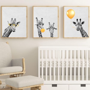 Giraffe prints, Nursery wall art, mustard Print, yellow kids Wall decor, Chewing gum poster, set of three,balloon,large digital, bedroom art image 2