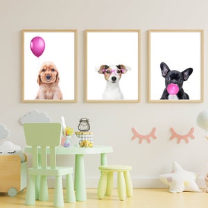 Cute Puppies, Nursery Wall Art, Fuchsia Dog Prints, Set of 3, Hot Pink Posters, Bubble gum Print, Balloon Printable, Girls Bedroom Download