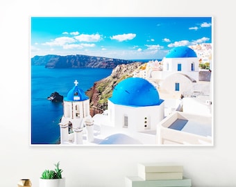 Mediterranean Ocean View Home Decor Blue and White Greek Room Decor 24x32 18x24 Inch Santorini Windmill Framed Print Greece Wall Art