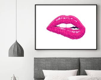 Red lips print fashion wall art sparkle lips poster red | Etsy
