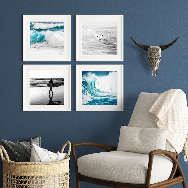 Surf prints, ocean waves wall art, set of 4 square poster, custom sizes, large prints, beach posters, surfers wall decor, beach house art
