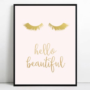 Eyelashes art print, hello beautiful wall art, Eyelashes printable art, gold eyelashes print, fashion poster, blush pink decor, make up art