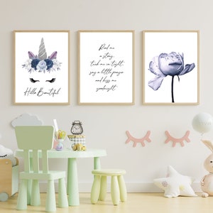 unicorn print, nursery wall art, set of 3, purple blue posters, quote wall art, lilac peony print, kids bedroom, girls décor,flower wall art image 5