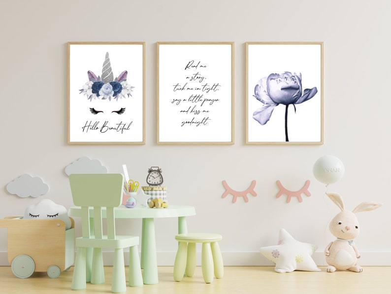 unicorn print, nursery wall art, set of 3, purple blue posters, quote wall art, lilac peony print, kids bedroom, girls décor,flower wall art image 5