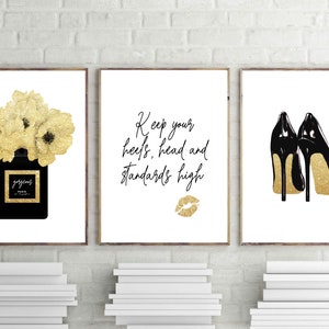 Gold Fashion Set, Perfume Print, Heels Poster, Fashion Quote Art, Gold Lips Wall Art, Keep your Heels, Gorgeous Girl Art, Bedroom Download