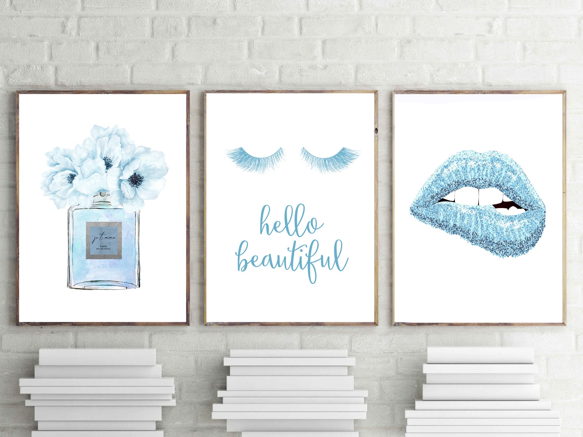 perfume print, lips wall art, light blue posters, Paris fashion, eyelashes printable art, je t'aim poster, set of 3,digital download