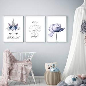 unicorn print, nursery wall art, set of 3, purple blue posters, quote wall art, lilac peony print, kids bedroom, girls décor,flower wall art image 3
