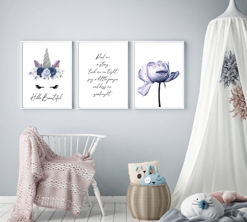 unicorn print, nursery wall art, set of 3, purple blue posters, quote wall art, lilac peony print, kids bedroom, girls décor,flower wall art image 3