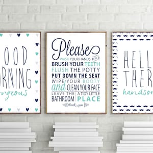 bathroom wall art, navy blue prints, good morning gorgeous print, hello handsome, bathroom rules wall décor, set of 3, teal posters, digital