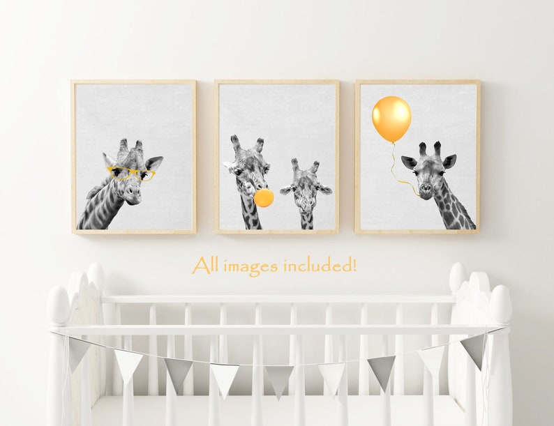 Giraffe prints, Nursery wall art, mustard Print, yellow kids Wall decor, Chewing gum poster, set of three,balloon,large digital, bedroom art image 1