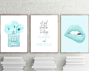 Paris fashion prints, baby blue wall art, set of 3, aqua perfume print, turquoise posters,  lips print, classy and fabulous quote, download