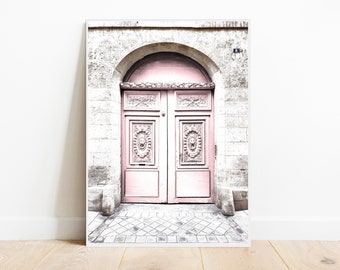 Pink door print, rustic door poster, blush pink door wall art, architectural photography, Light pink printable art, Paris digital downloadac