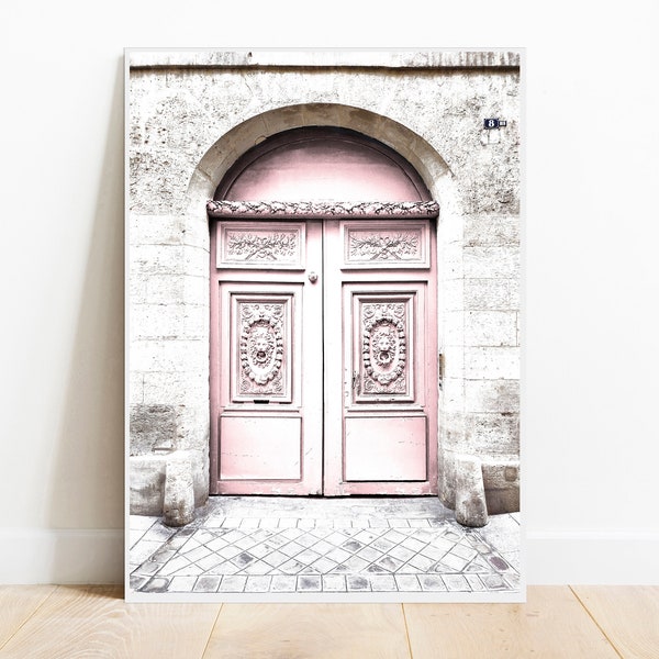 Pink door print, rustic door poster, blush pink door wall art, architectural photography, Light pink printable art, Paris digital downloadac