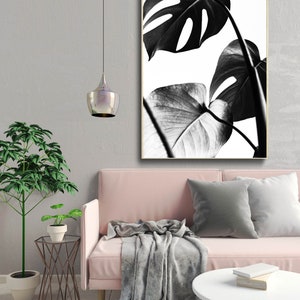 Monstera print, tropical leaves wall art, plant poster, black and white, minimal decor, bedroom digital download, botanical printable art image 2