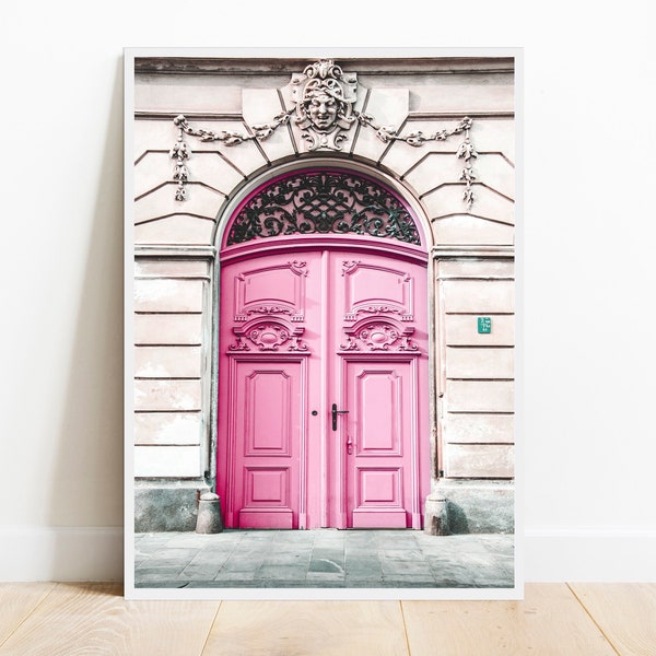 pink door print, rustic door poster, Paris door wall art, architectural photography, pink printable art, bedroom décor, digital download