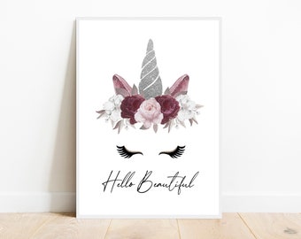 Floral Unicorn Nursery Print, Blush Pink Wall Art (Digital Download)