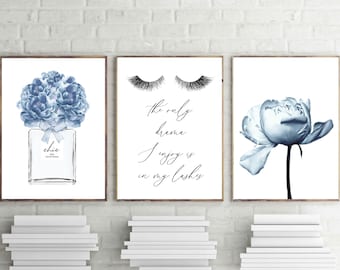 fashion prints, navy blue wall art, set of 3, blue peony, chic Paris perfume art, eyelashes print, bedroom wall art, quote digital download