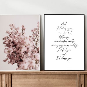Blumen rosa Poster -I’d filled you in hundert Leben- Zitat, Liebespaare Poster, 2er-Set zum Download, Liebesplakat, Schlafzimmerbild