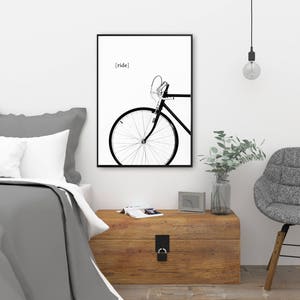 nadruk rowerowy, plakat rowerowy, sztuka ścienna rowerowa, minimalny wystrój ściany, jeździć na rowerze cyfrowym, czarno-biała sztuka do druku, współczesny wystrój zdjęcie 4