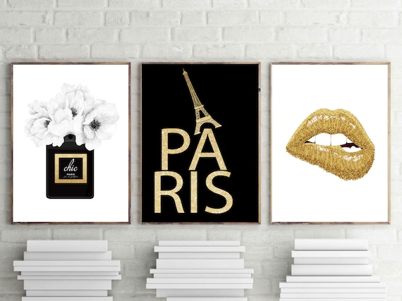 Fashion Paris Prints, Gold Lips, Eiffel Tower, Chic Perfume (Digital Download)