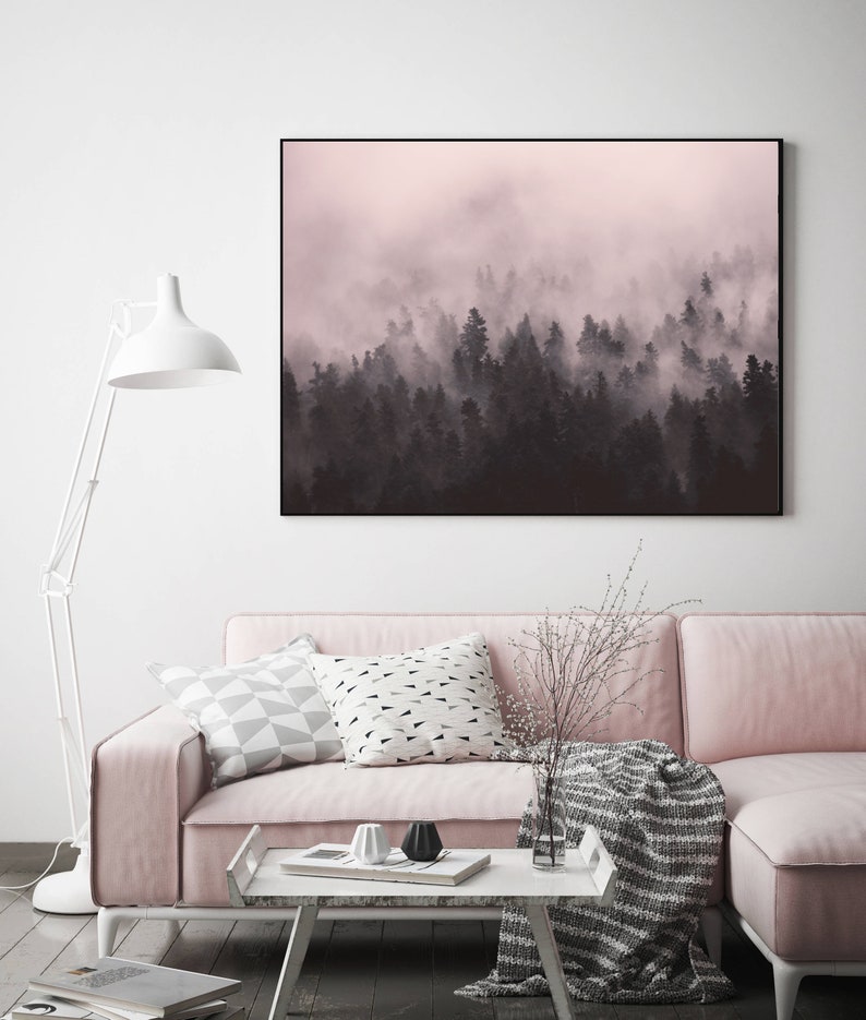 Pink Foggy Photography Mountain Poster Foggy Mountain Print Forest Fog Print Scandinavian wall art Nordic Nature Print Minimal Art
