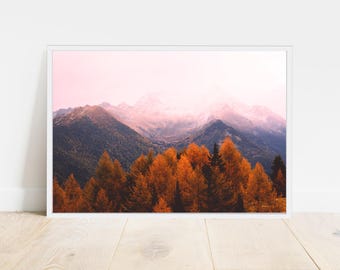 Foggy Mountain Forest Print, Nordic Nature Art (Digital Download)