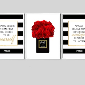 estampados de moda paris, juego de 3 arte de pared, póster de perfume de rosas, estampado de rosas rojas, perfume imprimible, citas cch, regalo para ella, descarga digital