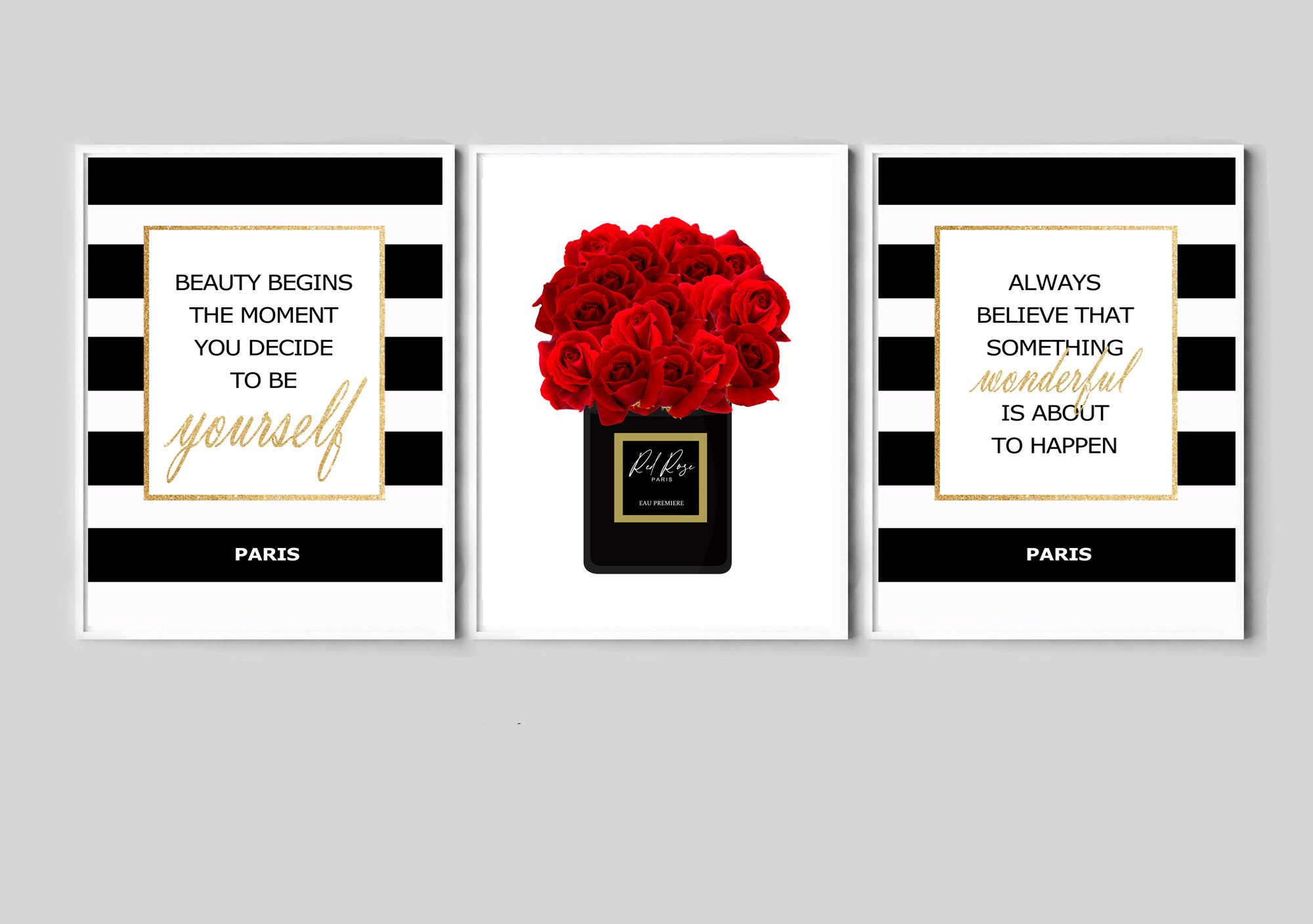 paris fashion prints, set of 3 wall art, roses perfume poster, red roses print, perfume printable , cch quotes,gift for her,digital download