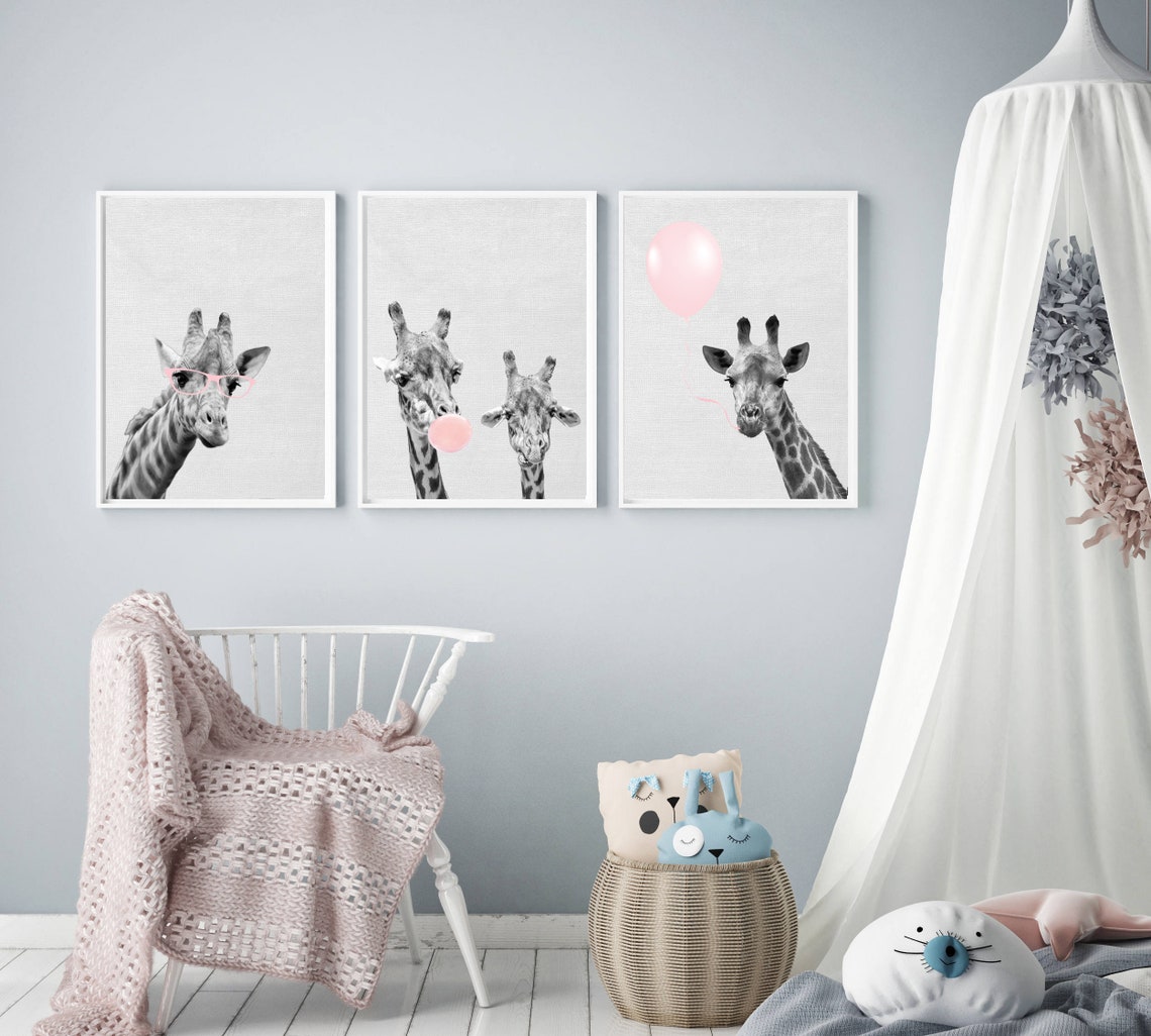 Set of 3 Giraffe Print Nursery Wall Art Blush Pink Posters | Etsy