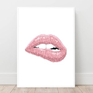 lips print, pink wall art, blush decor, sparkle lips print, fashion wall decor, dressing room art, digital download, bedroom art