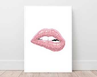 May include: Pink glitter lips with a white background. The lips are slightly parted, showing a hint of teeth.