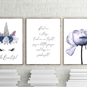 unicorn print, nursery wall art, set of 3, purple blue posters, quote wall art, lilac peony print, kids bedroom, girls décor,flower wall art image 1