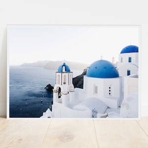 Santorini art print, Greece photography, Oia Santorini Poster, blue tops churches poster, ocean view printable art, summer, island decor