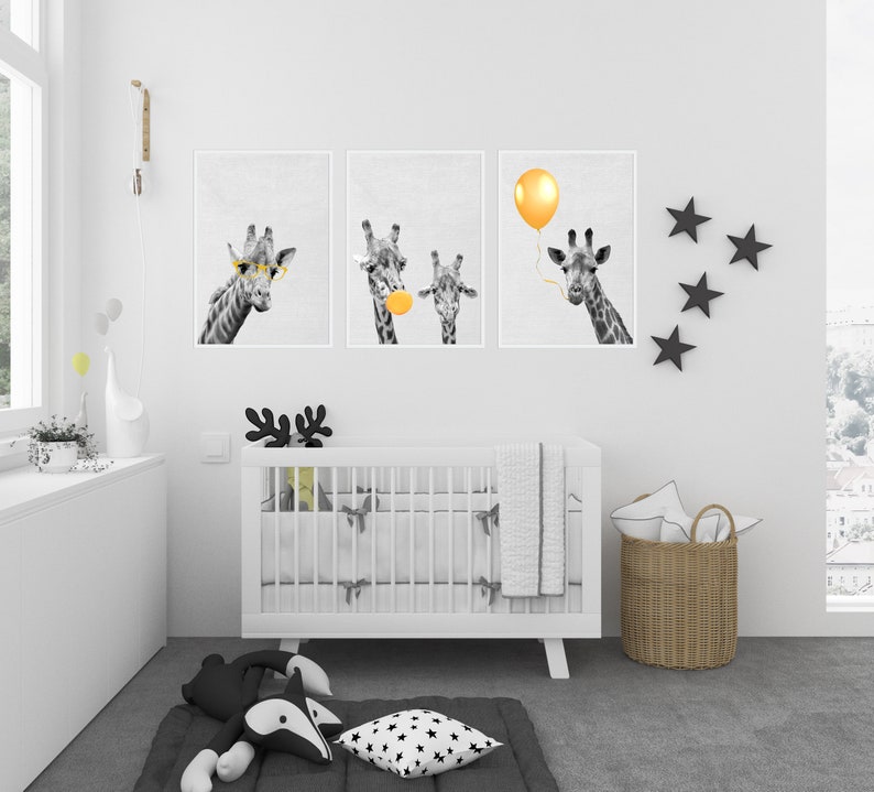 Giraffe prints, Nursery wall art, mustard Print, yellow kids Wall decor, Chewing gum poster, set of three,balloon,large digital, bedroom art image 3