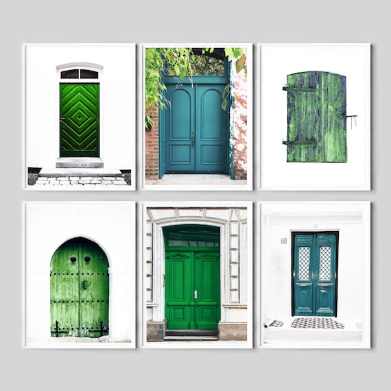 Emerald Green Doors Wall Art, Door Print, Set of 6 Prints, Window