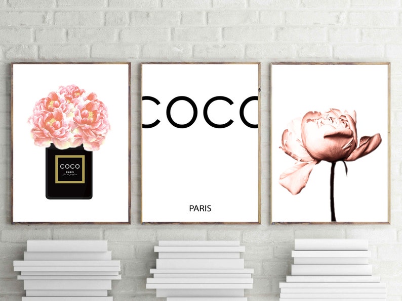 Coco Paris prints peony wall art set of 3 coco perfume | Etsy