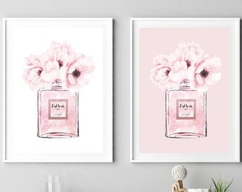 Perfume print, peonies wall art, Cest La Vie poster, Paris perfume wall decor, fashion wall art, blush pink posters, vanity decor, downloads