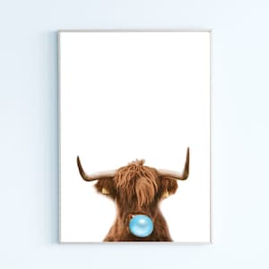 Highland cow print, Digital Download, Cow Bubble gum printable art, Hereford Cow Poster, blue bubble gum print, blue nursery wall decor