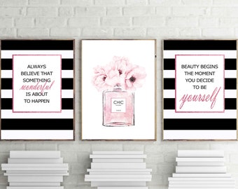 Fashion prints, set of 3 wall art, chic perfume poster, pink fashion prints, fashion paris quotes, vanity decor, powder room art, bedroom