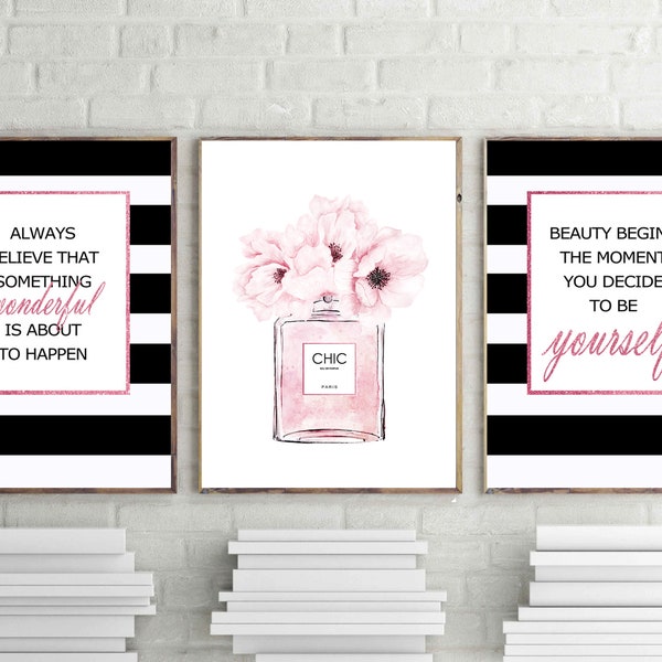 Fashion prints, set of 3 wall art, chic perfume poster, pink fashion prints, fashion paris quotes, vanity decor, powder room art, bedroom