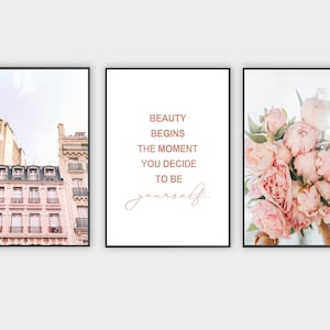 Paris Wall Art, Peonies Print, Fashion Quote Art, Set of 3, Rose gold Decor, Blush Pink Poster, Paris Buildings Print, bedroom decor,digital
