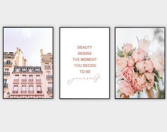 Paris Wall Art, Peonies Print, Fashion Quote Art, Set of 3, Rose gold Decor, Blush Pink Poster, Paris Buildings Print, bedroom decor,digital